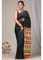 Chanderi Silk Black Festival Wear Block Printed Saree